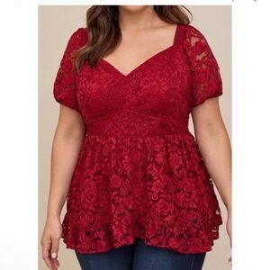 Torrid Red Lace Babydoll Short Puff Sleeve Floral Top Blouse V Neck Pullover